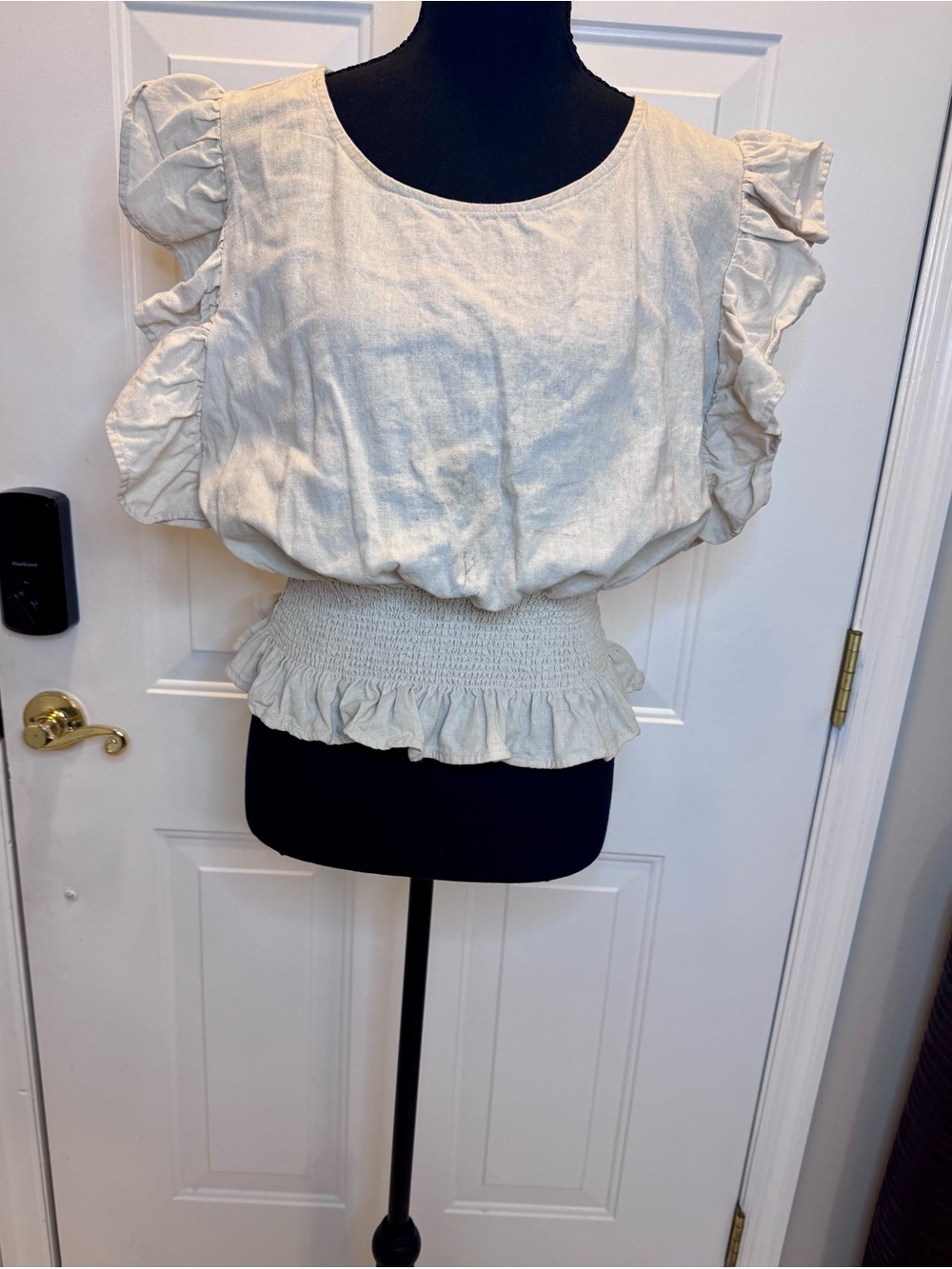 cupcakes & cashmere Cream Ruffle Sleeve Smocked Peplum Top